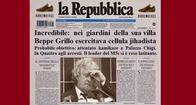 Incredibile: nei giardini della villa di Beppe Grillo si esercitava una cellula jihadista. Progettava un attentato a Palazzo Chigi. Il leader del M5s si è reso latitante.